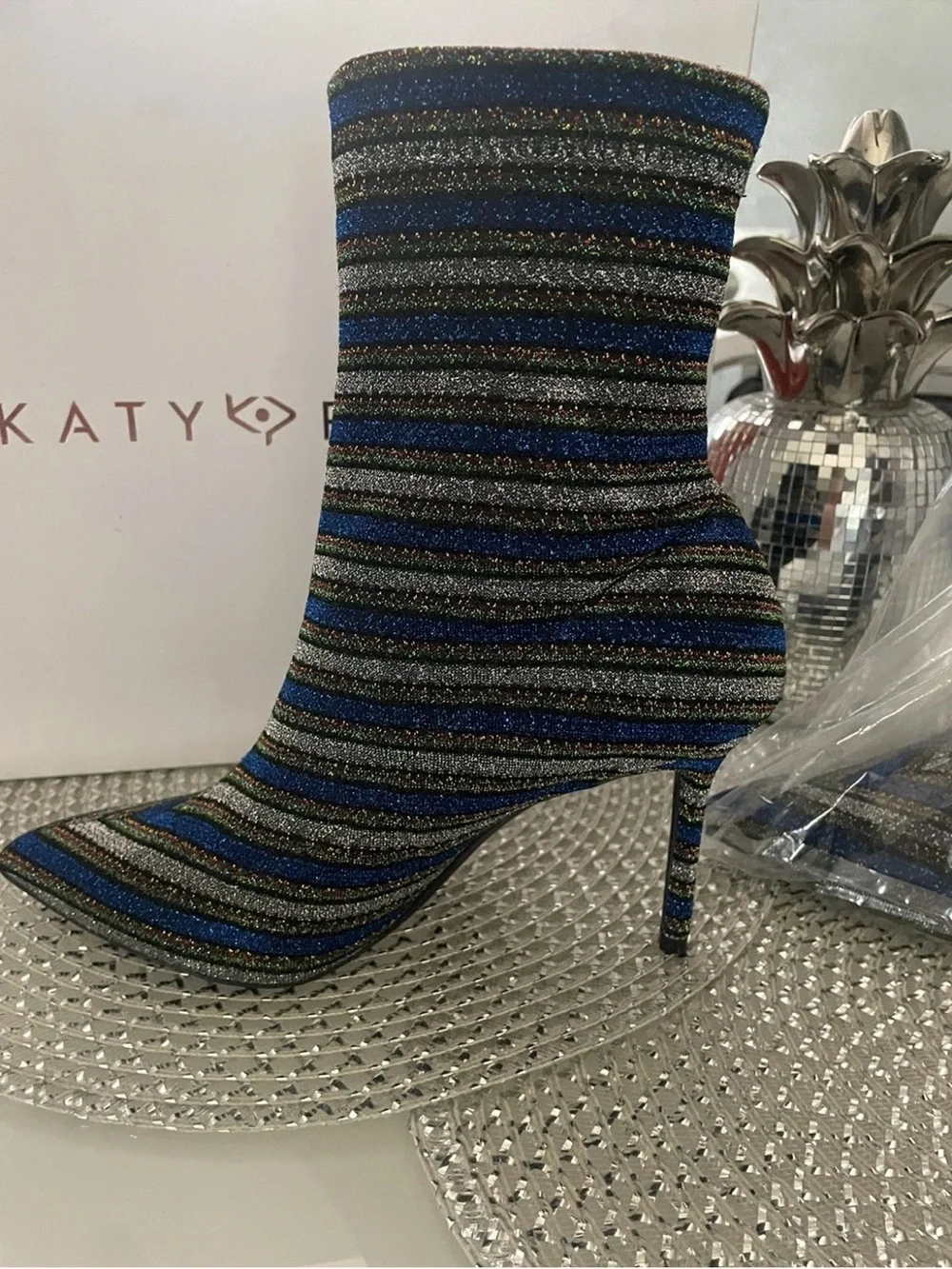 Katy Perry The Destiny Striped Glitter Sock Boot - Blue/Black size 9.5 NWT